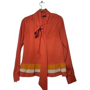 Burnt Orange Ruffle Blouse Womens Size Small Layered Front Tie Top Button Up